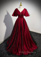 Black and Red V-neckline Long Satin Formal Prom Dress,Chic Long A-line Party Dress