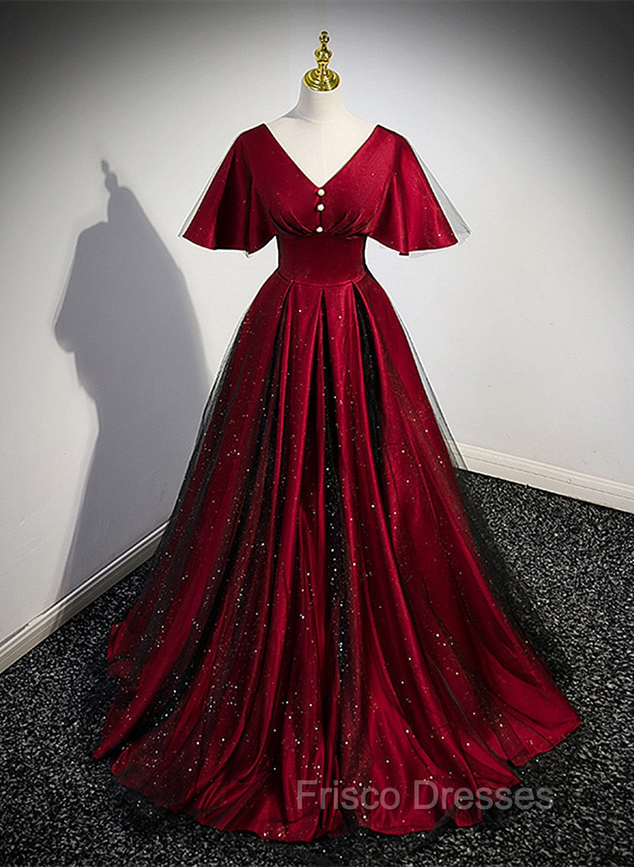Black and Red V-neckline Long Satin Formal Prom Dress,Chic Long A-line Party Dress