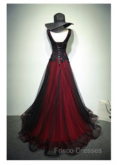 Black and Tulle V-neckline Beaded Lace Long Party Dress, A-line Formal Prom Dress Evening Dress