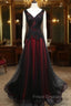 Black and Tulle V-neckline Beaded Lace Long Party Dress, A-line Formal Prom Dress Evening Dress