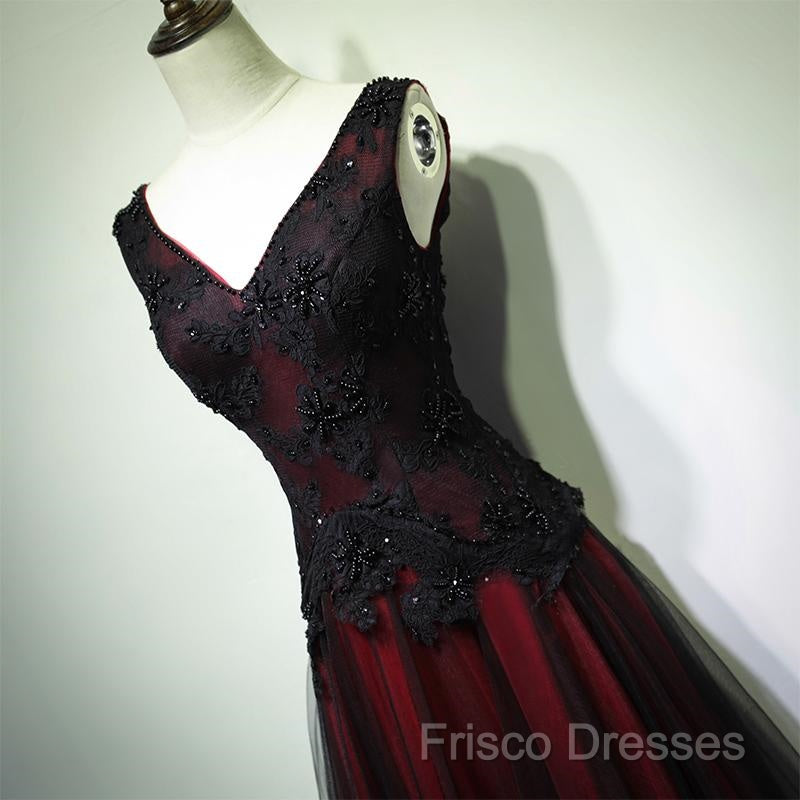Black And Tulle V-Neckline Beaded Lace Long Party Dress, A-Line Formal Prom Dress Formal Dresss Secondary image