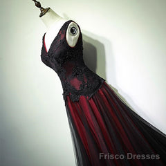 Black And Tulle V-Neckline Beaded Lace Long Party Dress, A-Line Prom Dress Evening Dresss