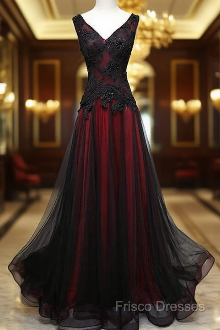 Black And Tulle V-Neckline Beaded Lace Long Party Dress, A-Line Formal Prom Dress Formal Dresss Main image