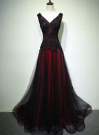 Black And Tulle V-Neckline Beaded Lace Long Party Dress, A-Line Prom Dress Evening Dresss