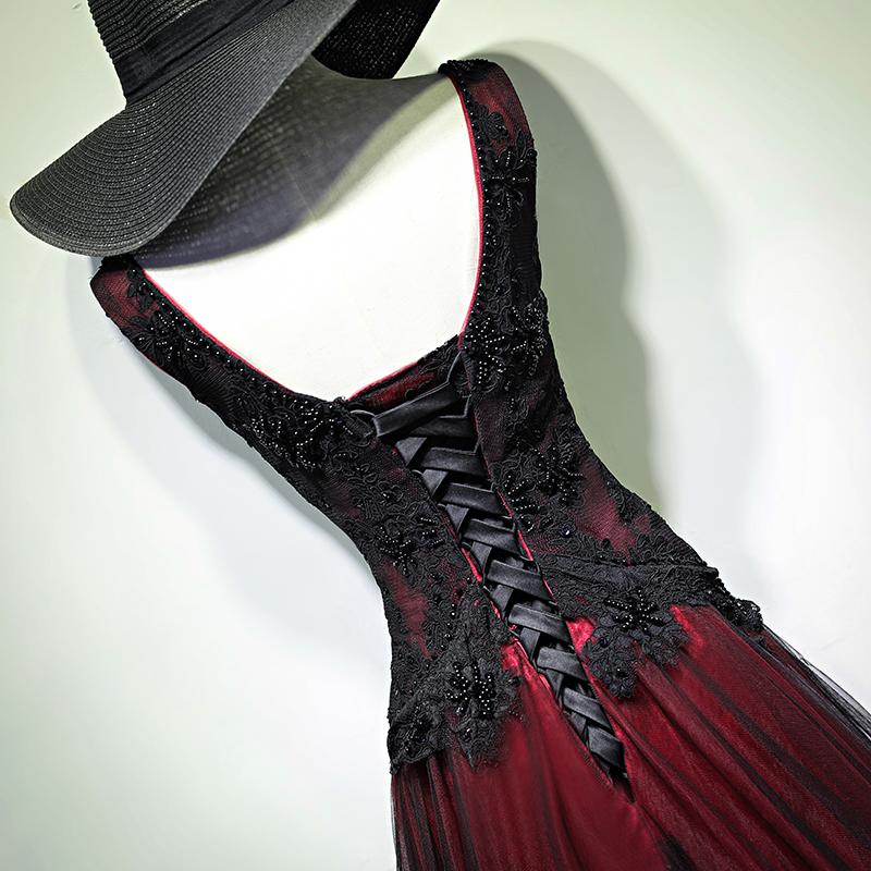 Black And Tulle V-Neckline Beaded Lace Long Party Dress, A-Line Prom Dress Evening Dresses