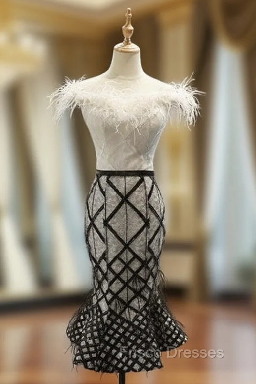 Black And White Mermaid Off the Shoulder Short Formal Prom Dress With Feather