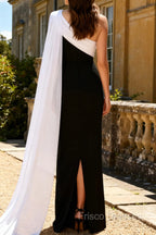 Black and White One Shoulder Sheath Long Formal Dress with Streamer