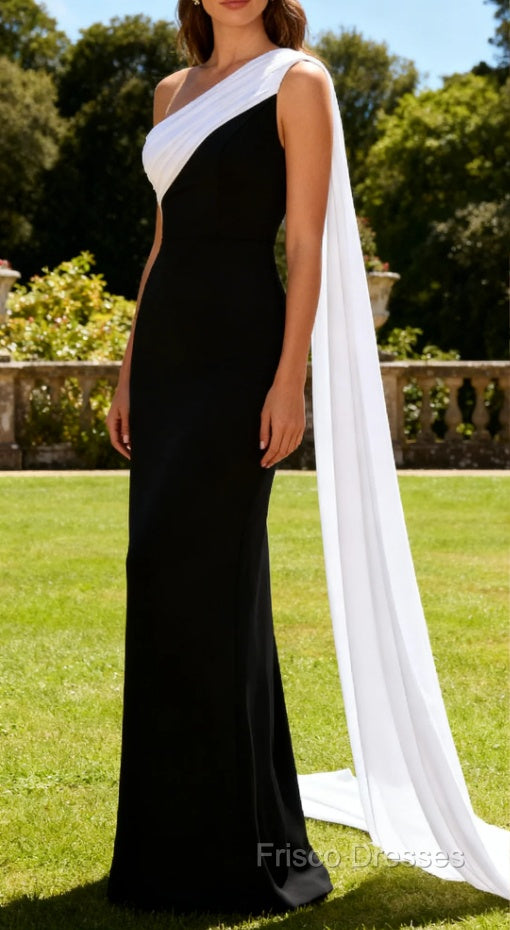 Black and White One Shoulder Sheath Long Formal Dress with Streamer