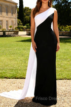 Black and White One Shoulder Sheath Long Formal Dress with Streamer