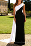 Black and White One Shoulder Sheath Long Formal Dress with Streamer