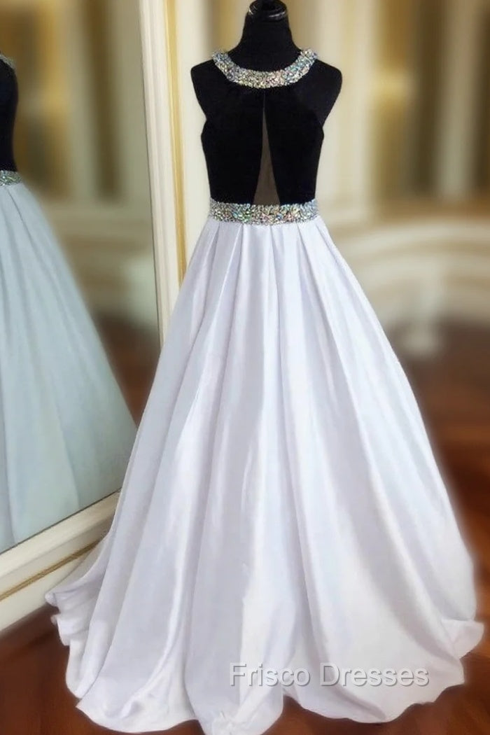 Black and White Satin Long Evening Dress Formal Prom Gowns with Crystals Main image
