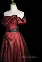 Black and Wine Red Satin Off Shoulder Formal Dress, A-line Long Formal Prom Dress