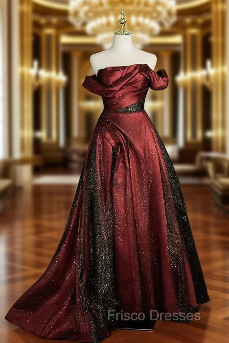 Black and Wine Red Satin Off Shoulder Formal Dress, A-line Long Formal Prom Dress