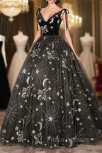 Black Ball Gown Floral V-neckline Straps Sweet 16 Dress, Black Tulle Formal Dress