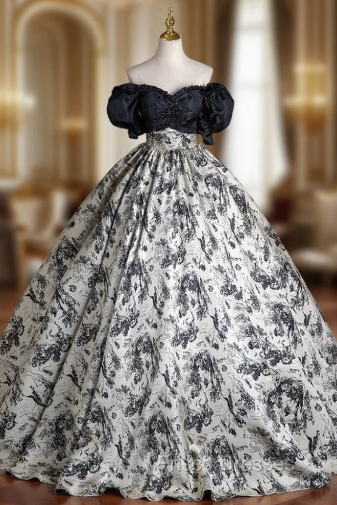 Black Ball Gown Print Puff Sleeve Pleats Quinceanera Dress Main image