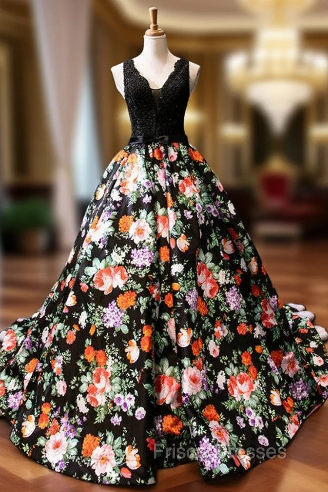 Black Ball Gown Satin Lace Print V-neck Formal Prom Dress With Beading Main image