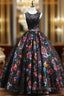 Black Ball Gown Satin Print Lace Backless Quinceanera Dress