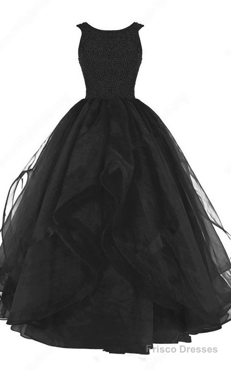 Black Ball Gown Scoop Neck Organza Sleeveless Beading Long Prom Dress Main image