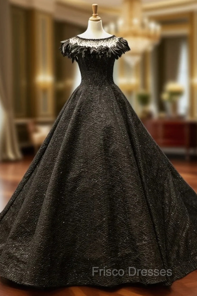Black Ball Gown Sequins Beading Bateau Formal Prom Dress With Feather