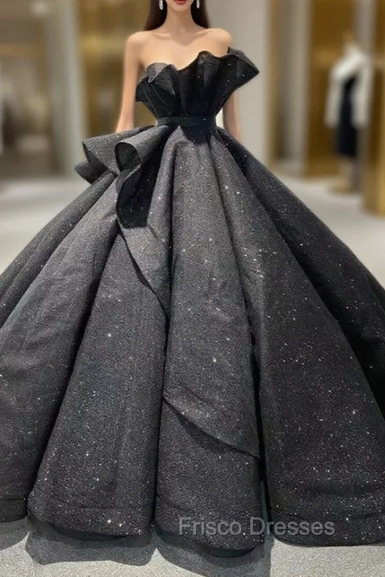 Black Ball Gown Sequins Strapless Formal Prom Dress