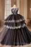 Black Ball Gown Strapless Flower Pleats Formal Prom Dress