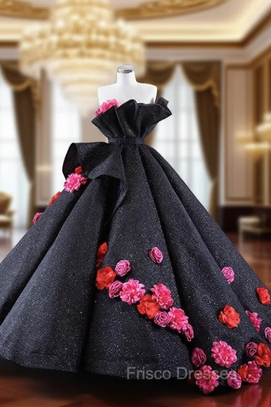 Black Ball Gown Strapless Flower Formal Prom Dress Main image
