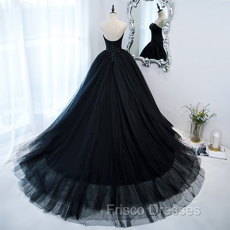 Black Ball Gown Sweetheart Satin and Tulle Formal Gown, Black Party Dress