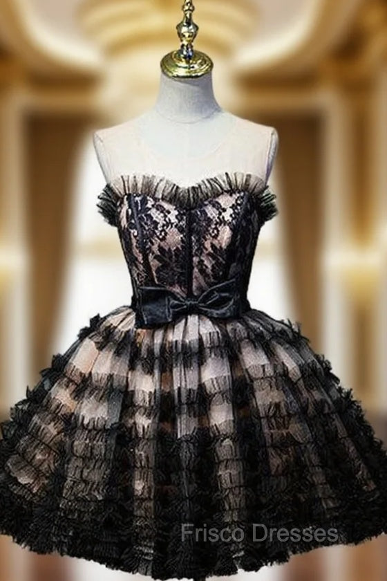Black Ball Gown Sweetheart Tulle Lace up Bow Homecoming Dress Main image