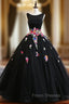 Black Ball Gown Tulle Bateau Backless Appliques Sweet 16 Dress