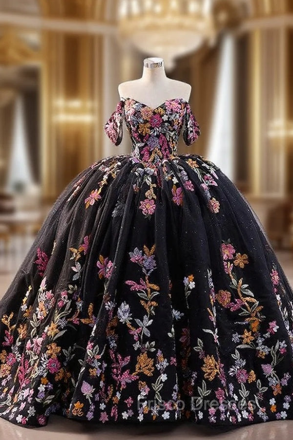 Black Ball Gown Tulle Colorful Sequins Formal Prom Dress