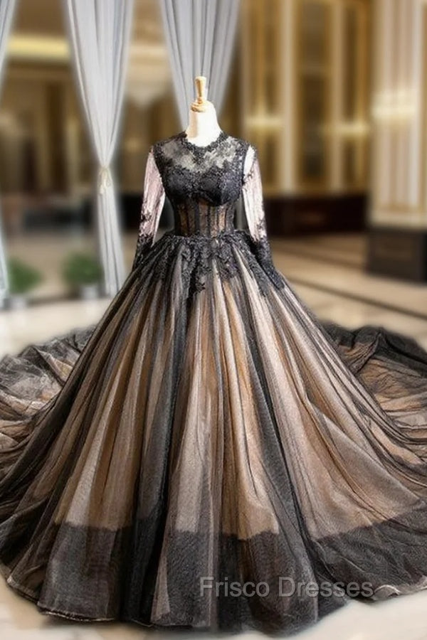 Black Ball Gown Tulle Lace Appliques Long Sleeve Luxury Formal Prom Dress Main image