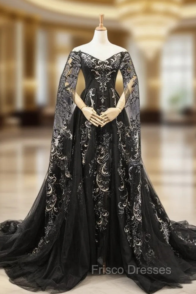Black Ball Gown Tulle Off the Shoulder Long Sleeve Formal Prom Dress With Appliques Main image