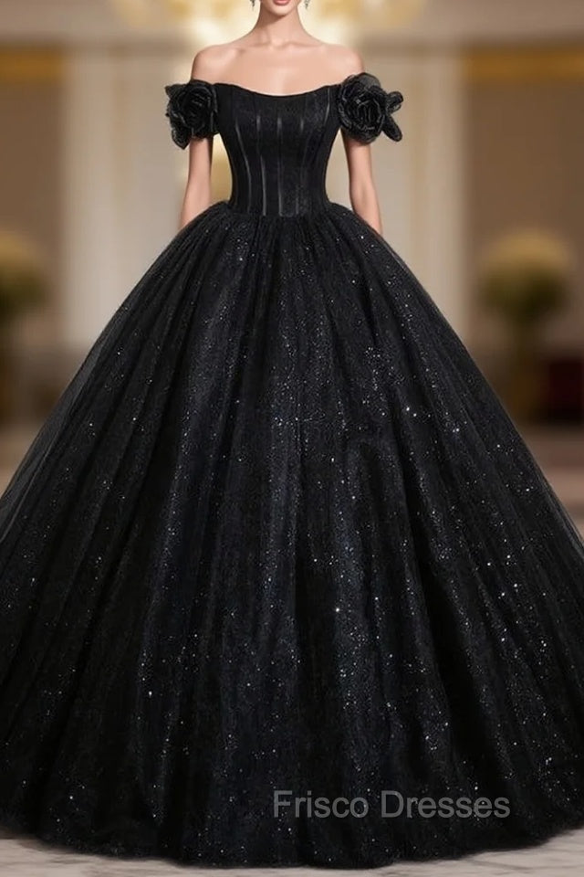 Black Ball Gown Tulle Sequins Off the Shoulder Quinceanera Dress Main image