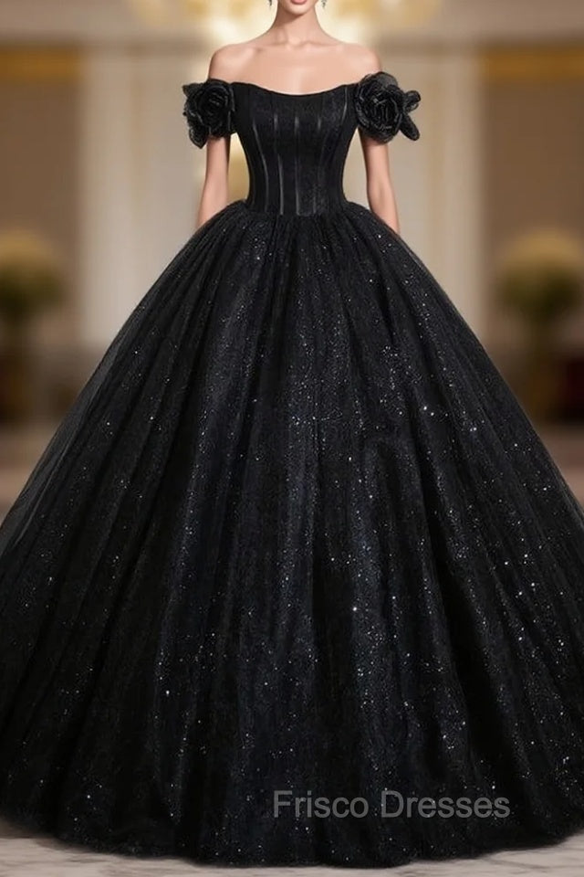 Black Ball Gown Tulle Sequins Formal Prom Dress