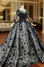 Black Ball Gown Tulle Star Sequins Long Sleeve Wedding Dress