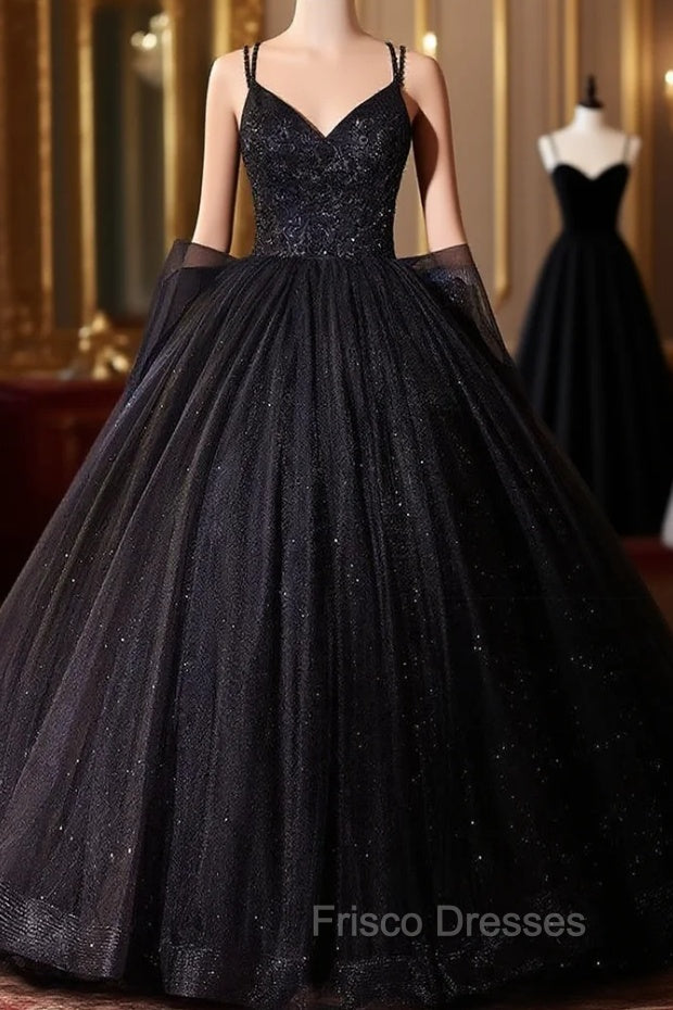 Black Ball Gown Tulle Straps Beading Quinceanera Dress Main image