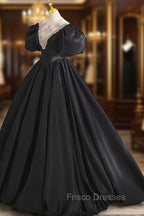 Black Ball Gown with Beaded, Black Short Sleeve Formal Evening Dress