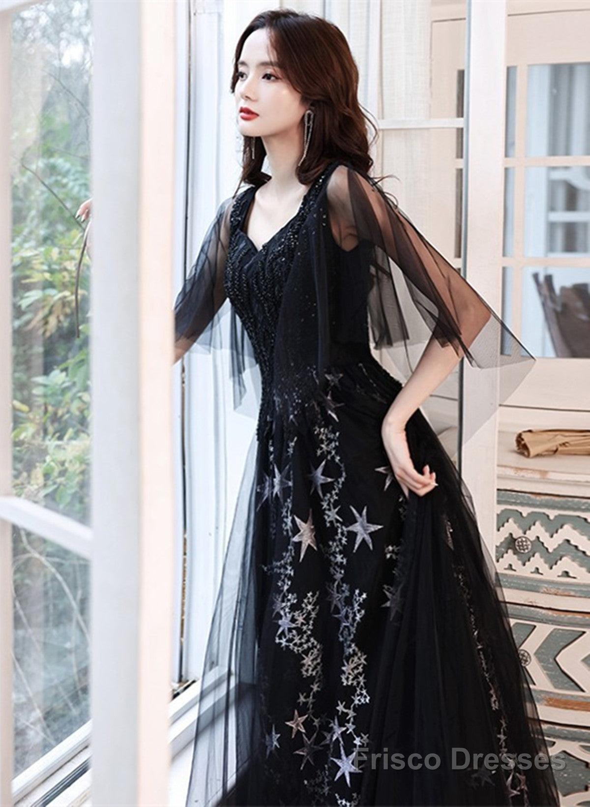 Black Beaded Straps A-Line Floor Length Party Dress, Black Tulle Long Prom Dress