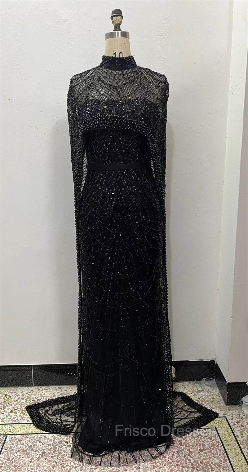 Black Beading Formal Prom Dress Sweep Train High Neck Zipper Sleeveless Evening Dress