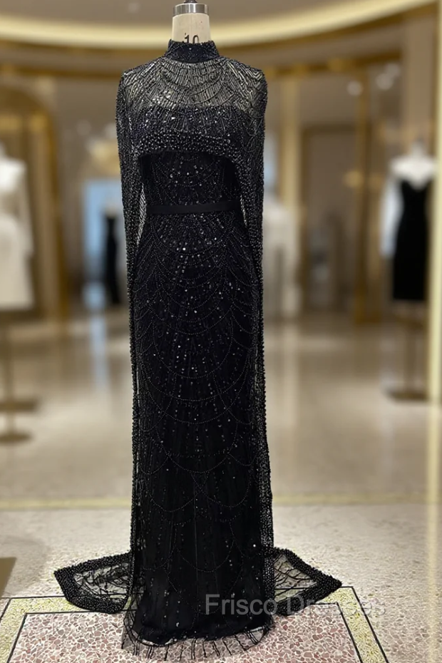 Black Beading Formal Prom Dress Sweep Train High Neck Zipper Sleeveless Evening Dress Main image