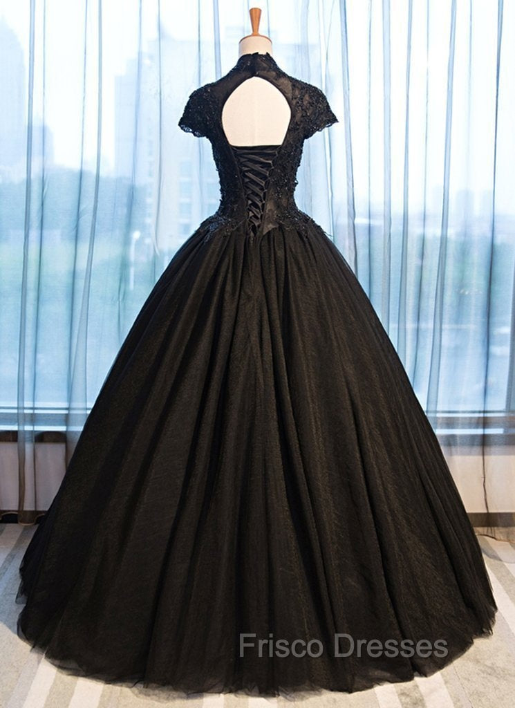 Black Cap Sleeves Long Tulle Party Dress, Black Formal Prom Dress
