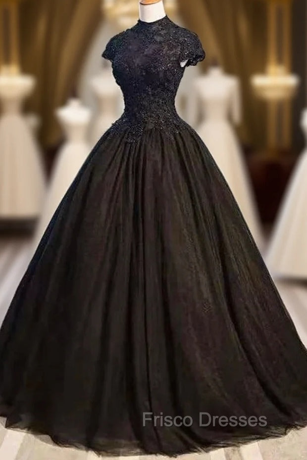 Black Cap Sleeves Long Tulle Party Dress, Black Formal Prom Dress