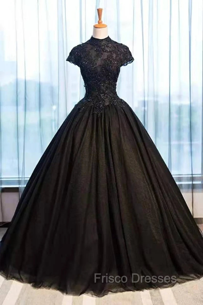 Black Cap Sleeves Long Tulle Party Dress, Black Formal Prom Dress Main image