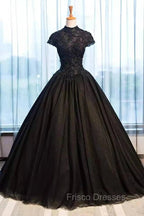 Black Cap Sleeves Long Tulle Party Dress, Black Formal Prom Dress