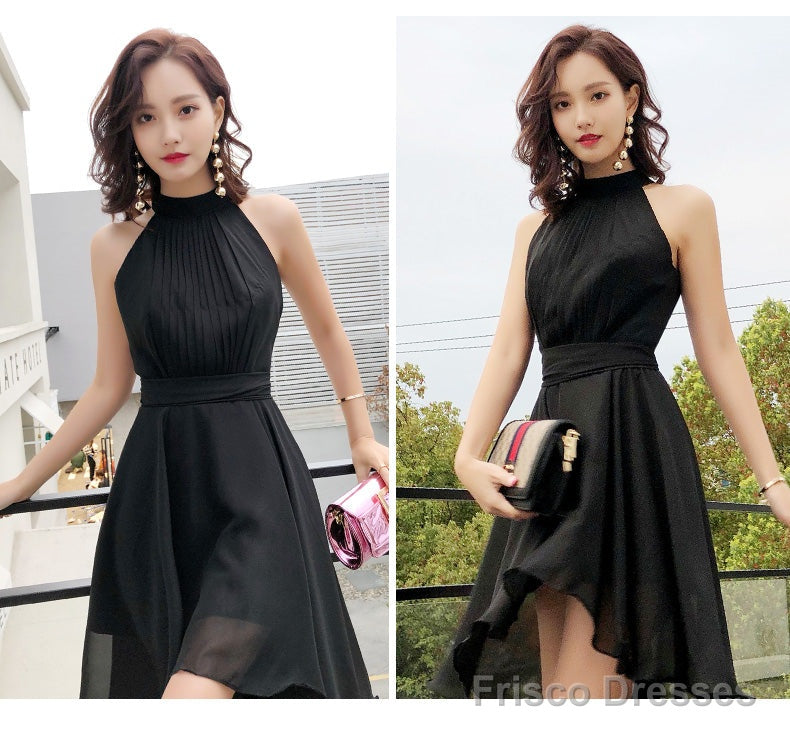 Black Chiffon Halter High Low Party Dress Homecoming Dress, Black Bridesmaid Dresses