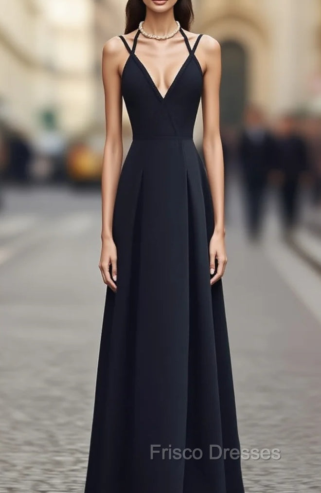 Black Chiffon Straps Long A-line Junior Formal Prom Dress, Black Party Gowns