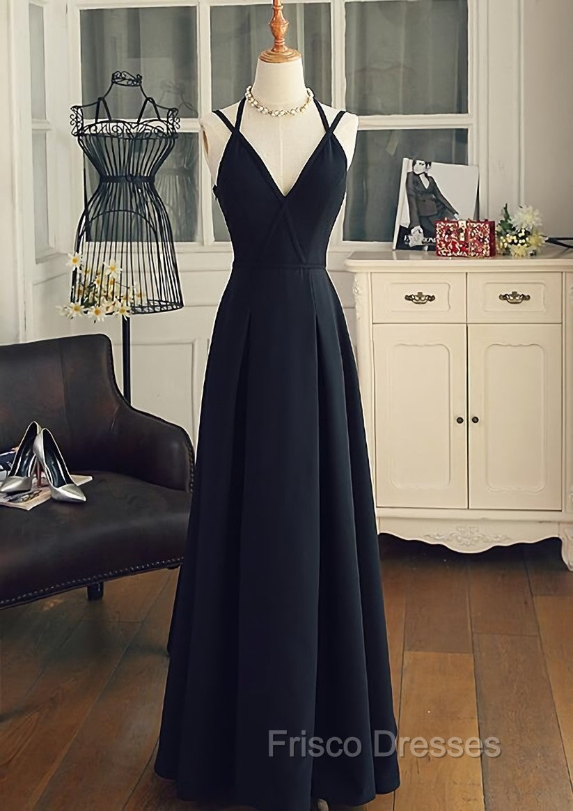 Black Chiffon Straps Long A-line Junior Formal Prom Dress, Black Party Gowns Secondary image