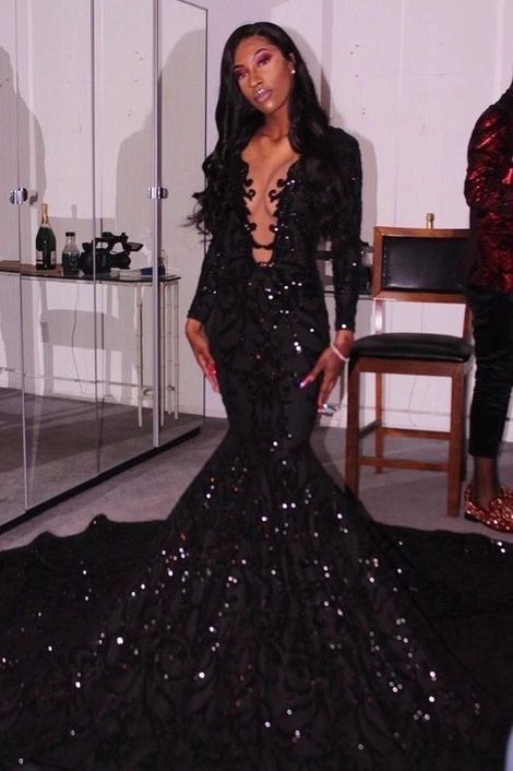 Black Deep V Neck Long Prom Dress , Mearmaid Prom Dress Main image