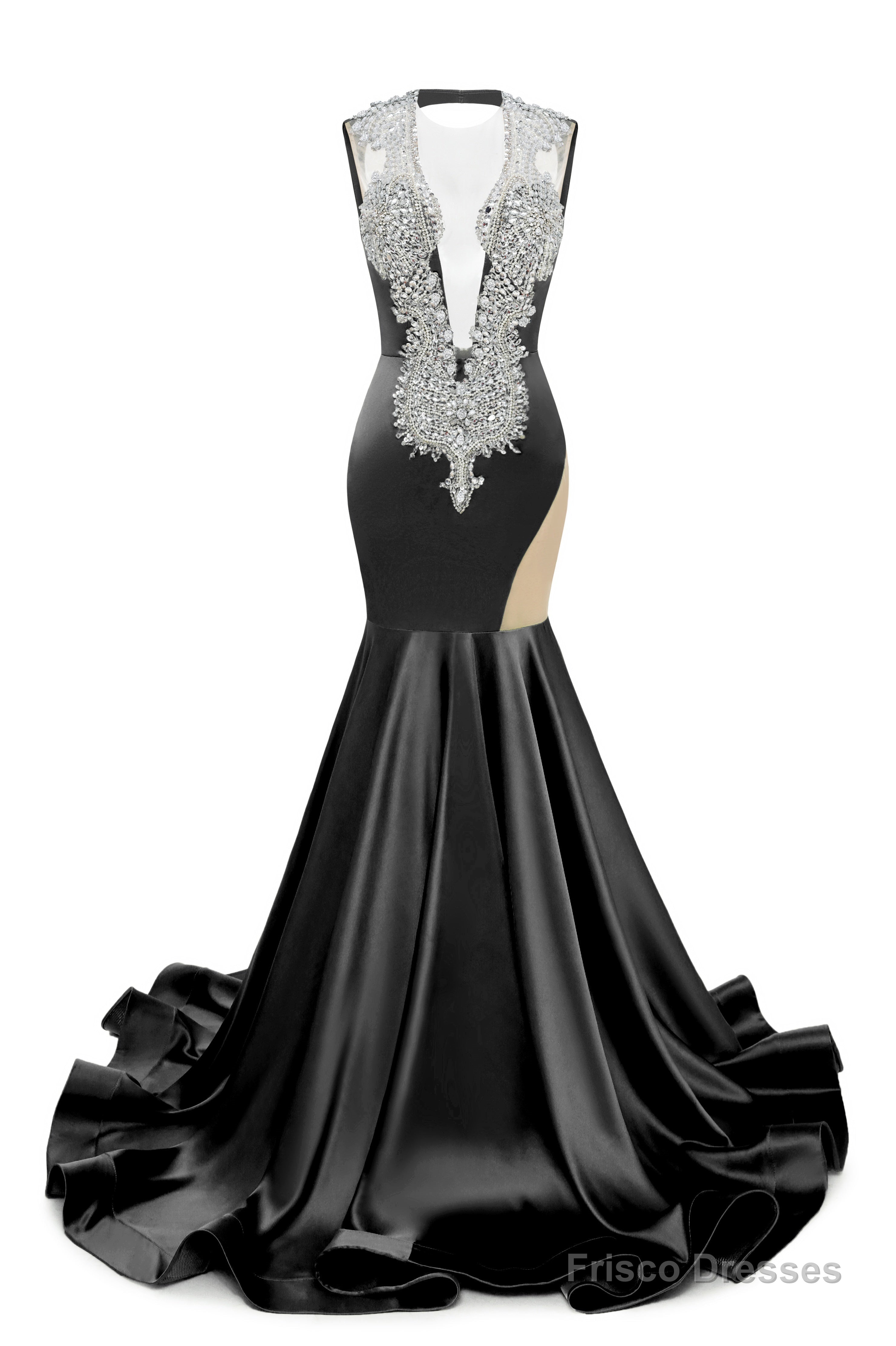 Black Deep V Neck Mermaid Satin Prom Dresses Sparkly Beaded Pageant Crystals Evening Formal Dresses Main image