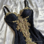 Black Elegant Sweetheart Neck Lace Chiffon Spaghetti Strap Sequin Prom Dress